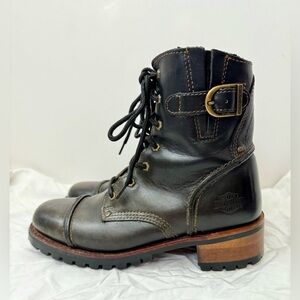 Harley Davidson Leather Boots Black Lace Up Biker Lug Sole Buckle US 7